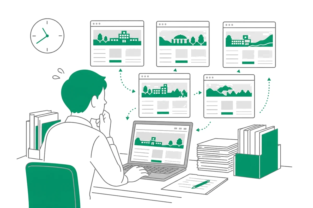 自治体サイトを1つずつ巡回して案件を探している担当者のイラスト
