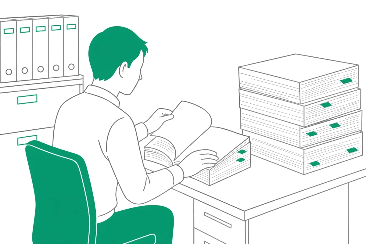 積み上がった仕様書を1ページずつめくって確かめている担当者のイラスト