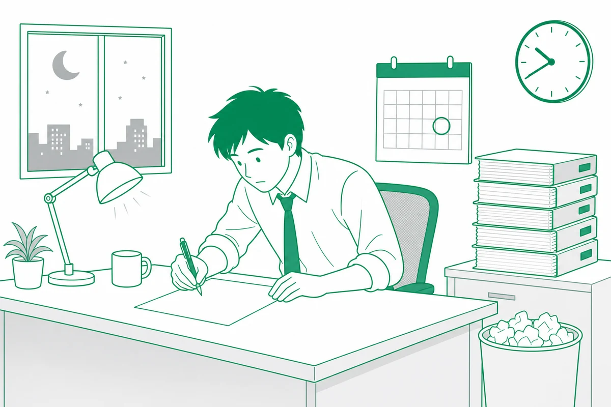 締切日を丸で囲んだカレンダーと夜の時計の前で、白紙の提案書に向かう担当者のイラスト